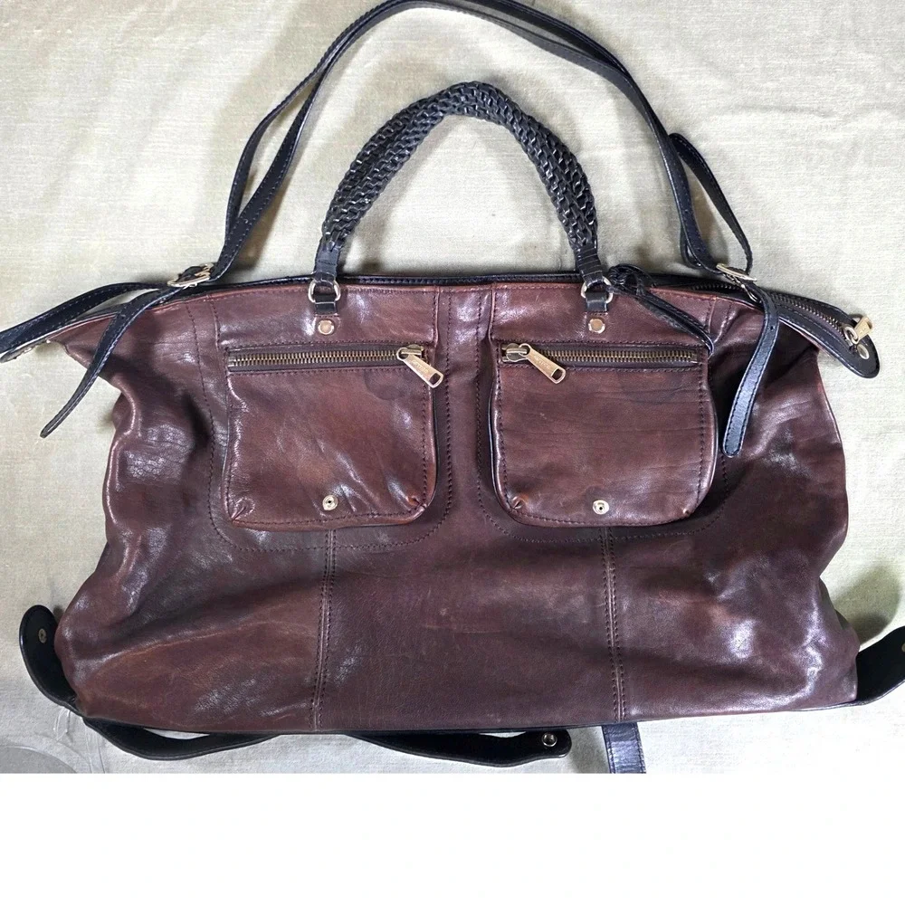 Gryson Joy Brown Black Leather Satchel Bag Made in Italy Moto Cargo Large